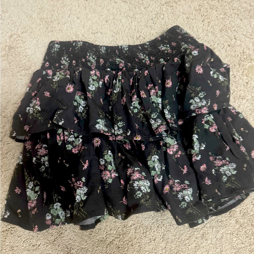 Floral Black Skirt pink flowers ruffles flirty romantic green purple aerie XS